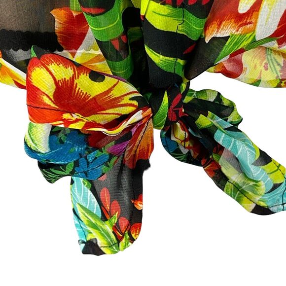 Roz & Ali Medium Top Floral 3/4 Balloon Sleeves Button-Up Sheer Tie-Front Multi - Picture 3 of 10